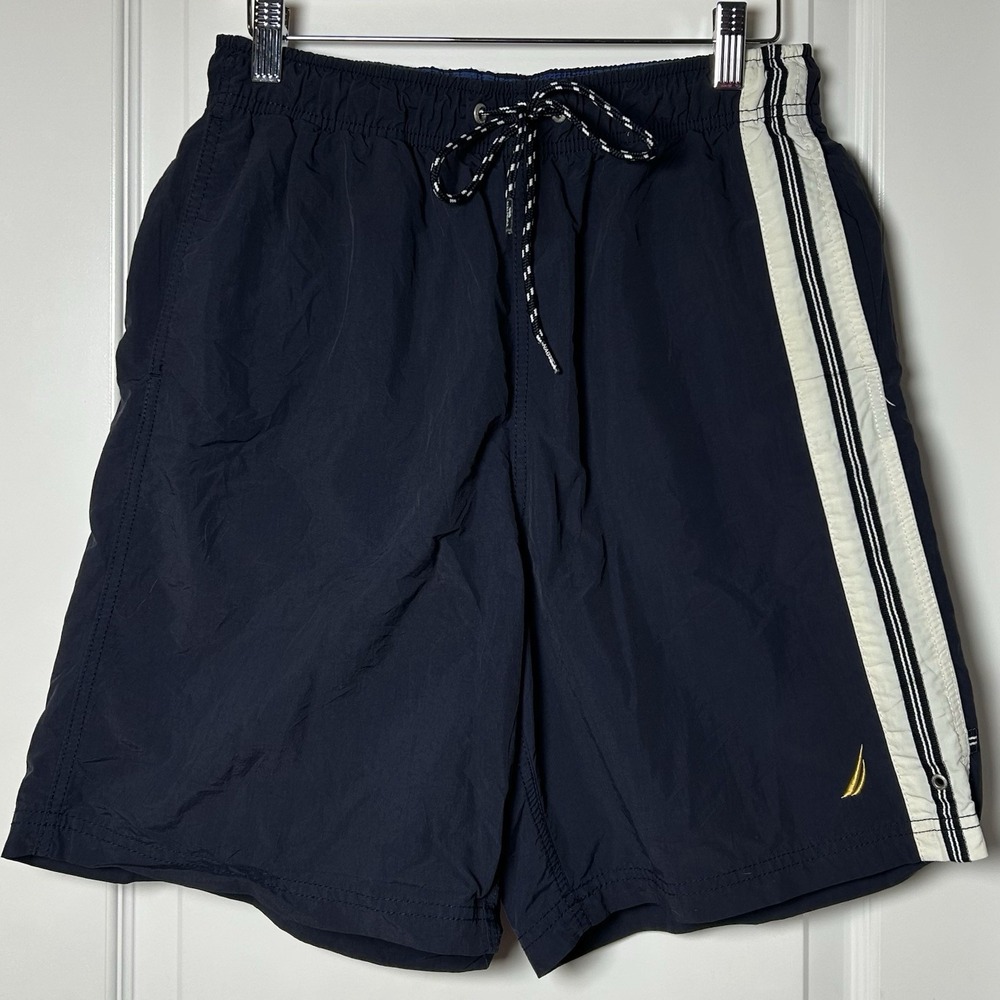 Nautica Navy Embroidered Logo Drawstring Swim Trunks Nautical Yacht Retro Style